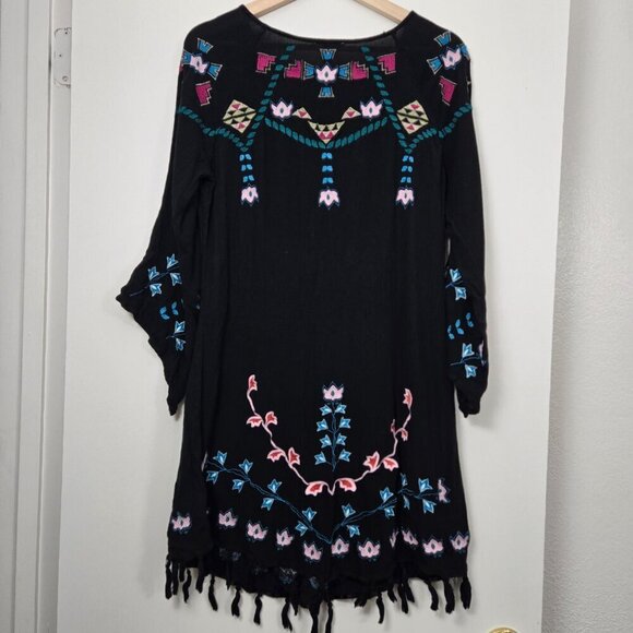 Sundance Black Embroidered Swim Coverup M Tassel Hem Rayon Tunic Dress - Picture 3 of 11